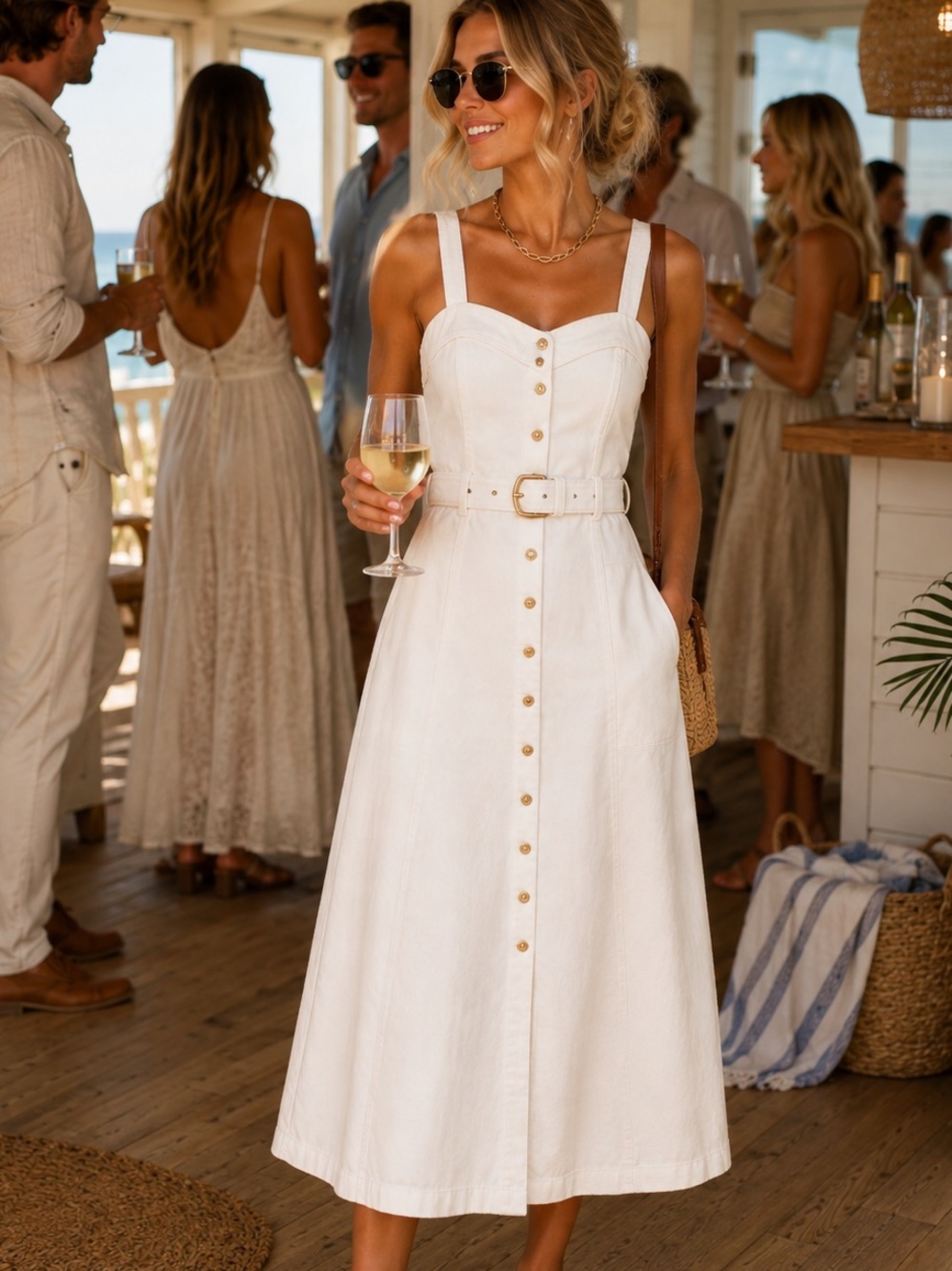 NWT EDIT Jason Wu White Denim Belted Midi Dress Gold Buttons Size 2